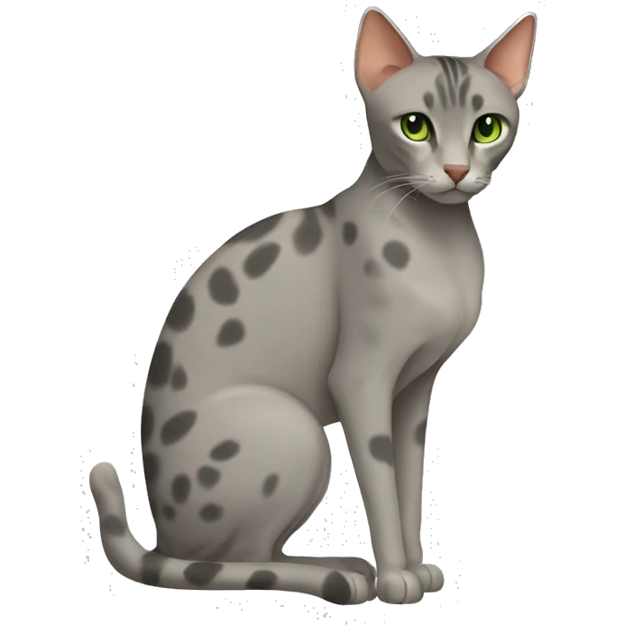 Short-haired oriental cat ,full body , grey coat with small spots , green eyes , terracotta nuzzle emoji