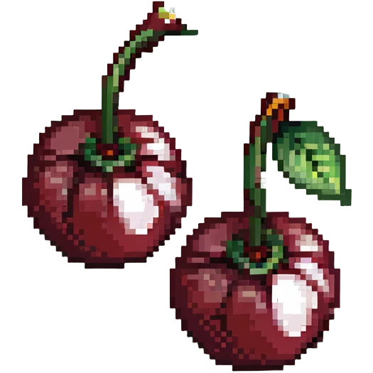 Pixel art of two dark maroon cherries with green stem, deep red color emoji
