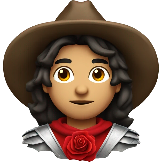 canela skin boy dark hair musketeer with hat and red rose shoulder medieval cape and sword and red feathers in the hat emoji
