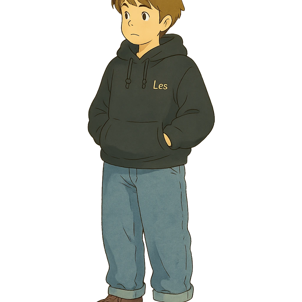 ghibli style person named Les wearing wide jeans and a black hoodie emoji