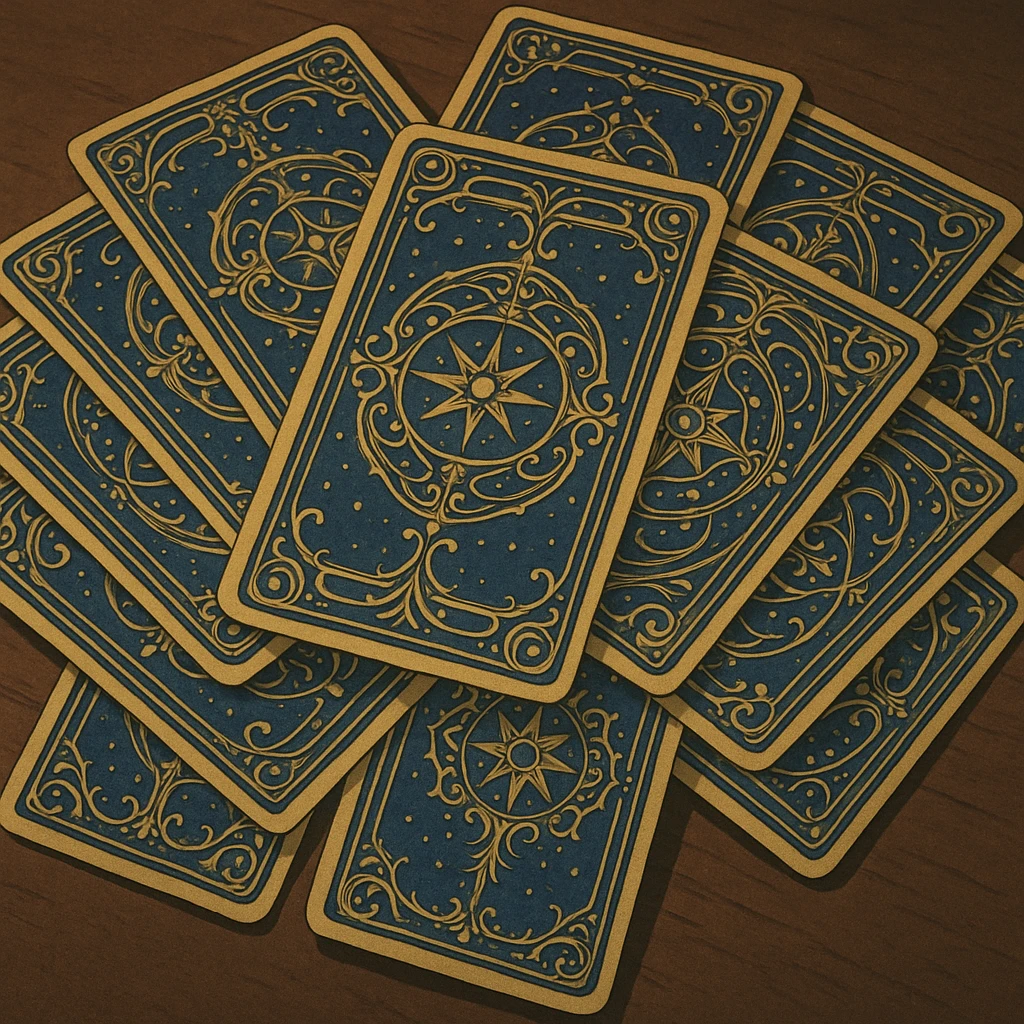 tarot card deck with ornate, intricate backs, gold and deep blue color palette, cards fanned out, mystical and elegant emoji