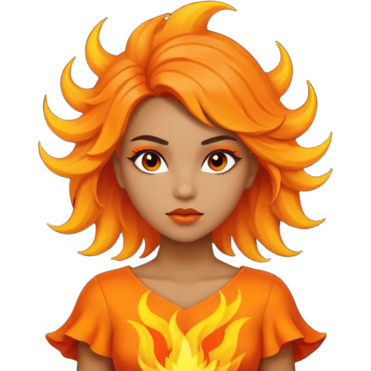 A girl tan skin face emoji with skin head hair styled, dramatic makeup and an orange flame-themed dress. emoji