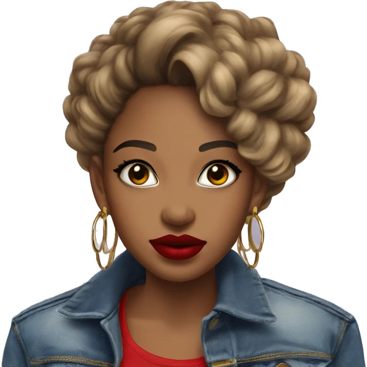 Baddie brown girl denim jacket hoop earrings red lipstick  emoji
