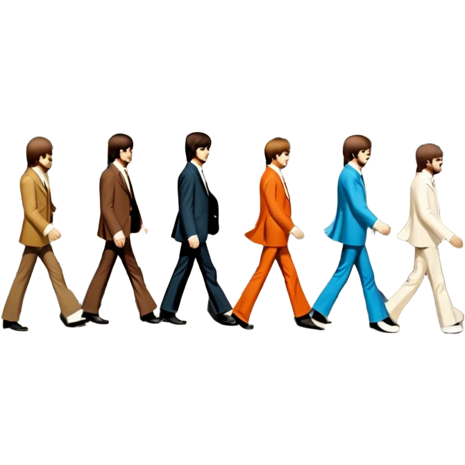 Cinematic Realistic The Beatles Abbey Road Scene Emoji, depicting the legendary band of four crossing the iconic zebra-striped street in their classic outfits, exuding effortless charisma and musical legacy. The scene is bathed in warm, nostalgic lighting with rich textures that capture the essence of 1960s rock history. emoji