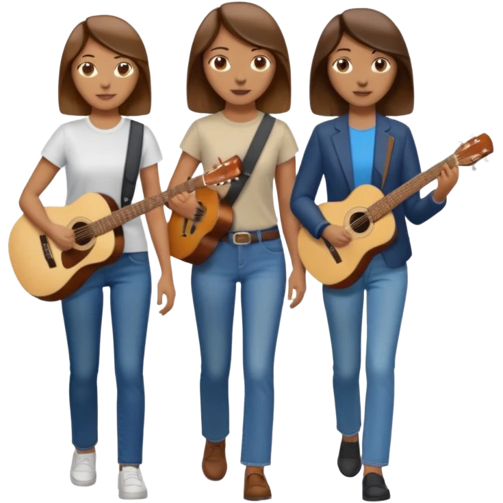 based on emoji style, like this "💁🏻‍♀️" "💁🏽‍♂️" "💁🏻", two people walking together, one is brown-haired woman, wearing business casual, holding a guitar; another one is a non-binary person, wearing t shirt and jeans, and this person doesn't have anything on their hands. they are walking together. emoji