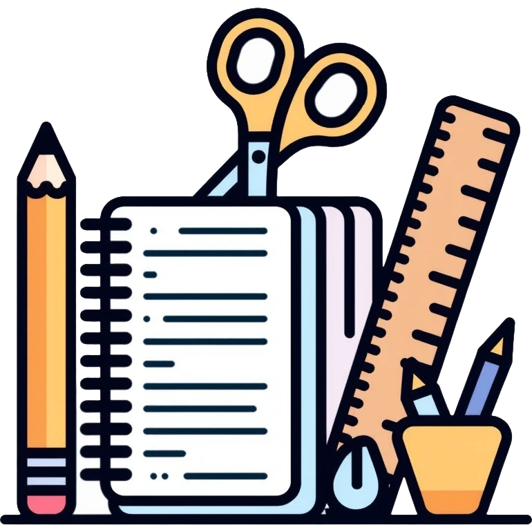 School office supplies with pencil, pen, notebook, ruler, scissors emoji