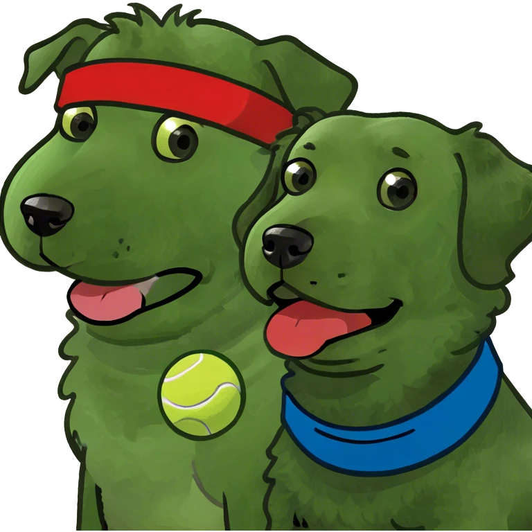  two fluffy doodle-like dogs. One is light brown with a curly coat, holding a tennis ball in its mouth. The other is black and white with curly fur. emoji