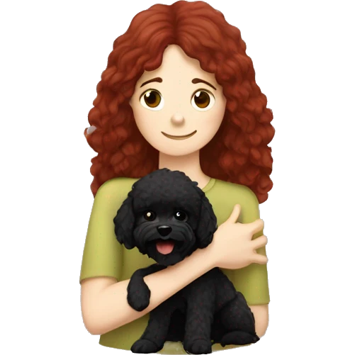 Dark-red-haired girl hugs  her Maltipoo-Black-dog emoji