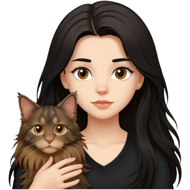a  girl with black long hair with a brown Maine coon with black shirt emoji