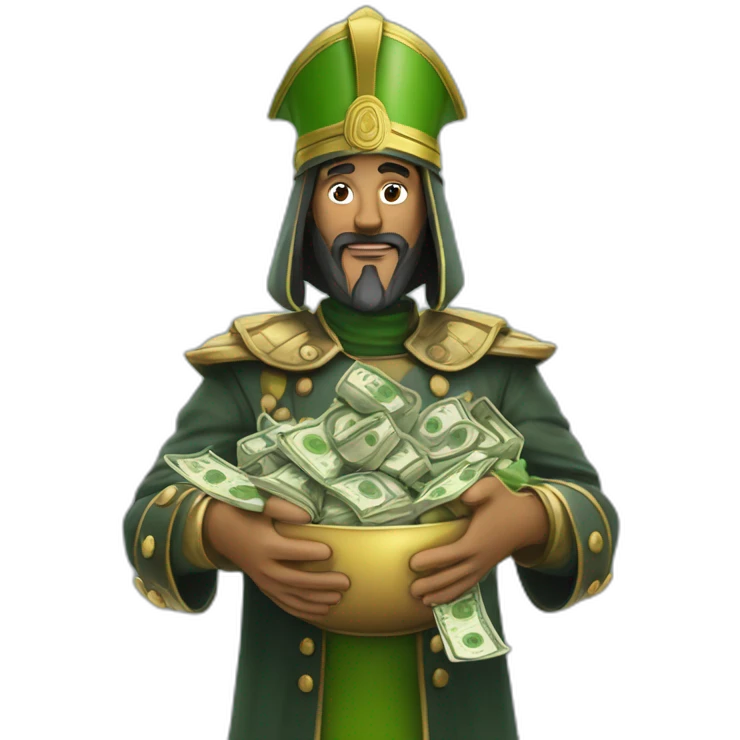 Saladin with green salad in the left hand and stack of money in other hands emoji