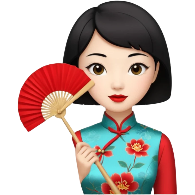 a chinese woman wearing a cheongsam holding a folding fan elegantly with fancy, red lipstick and short black hair emoji