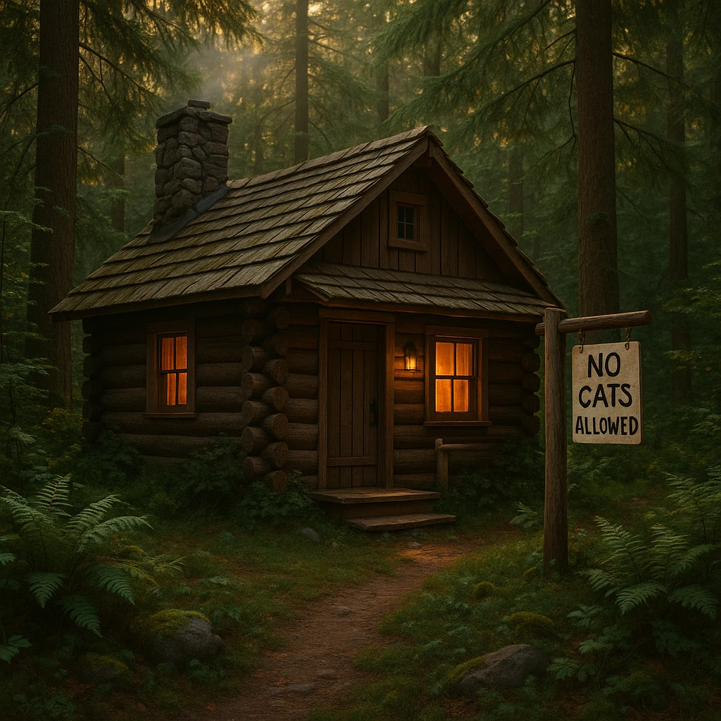 cozy cabin in the woods with a 'No Cats Allowed' sign, surrounded by nature emoji