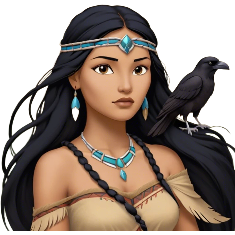 Cinematic Realistic Pocahontas Portrait, depicted with lifelike skin texture, soft natural lighting, and intricately detailed long, flowing raven-black hair that moves gracefully in the wind. Her deep, soulful dark brown eyes exude wisdom and strength, complemented by a serene yet powerful expression. She is dressed in her classic one-shoulder native american dress, with rich fabric textures and delicate beaded details that catch the light beautifully. The portrait features a soft, sun-kissed glow with a natural, radiant finish, capturing the essence of untamed beauty and deep connection to nature in a realistic and painterly style, evoking a sense of depth and authenticity. emoji