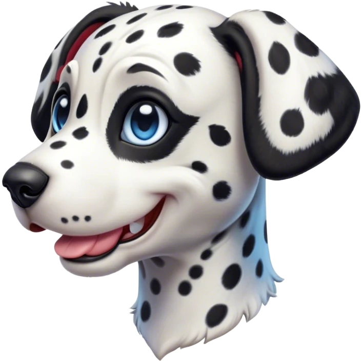 Cinematic Cute Harlequin Dalmatian Portrait Emoji, Head tilted playfully and inquisitively, featuring a glossy Fur of predominantly white with dynamic black patches, round, sparkling blue eyes filled with gentle curiosity, Simplified yet irresistibly adorable features, highly detailed, glowing with a warm, friendly glow, high shine, affectionate and gentle, stylized with a touch of whimsy, bright and endearing, soft glowing outline, capturing the essence of a mischievous yet loving pup, so playful it feels like it could lumber out of the screen and into your arms! emoji