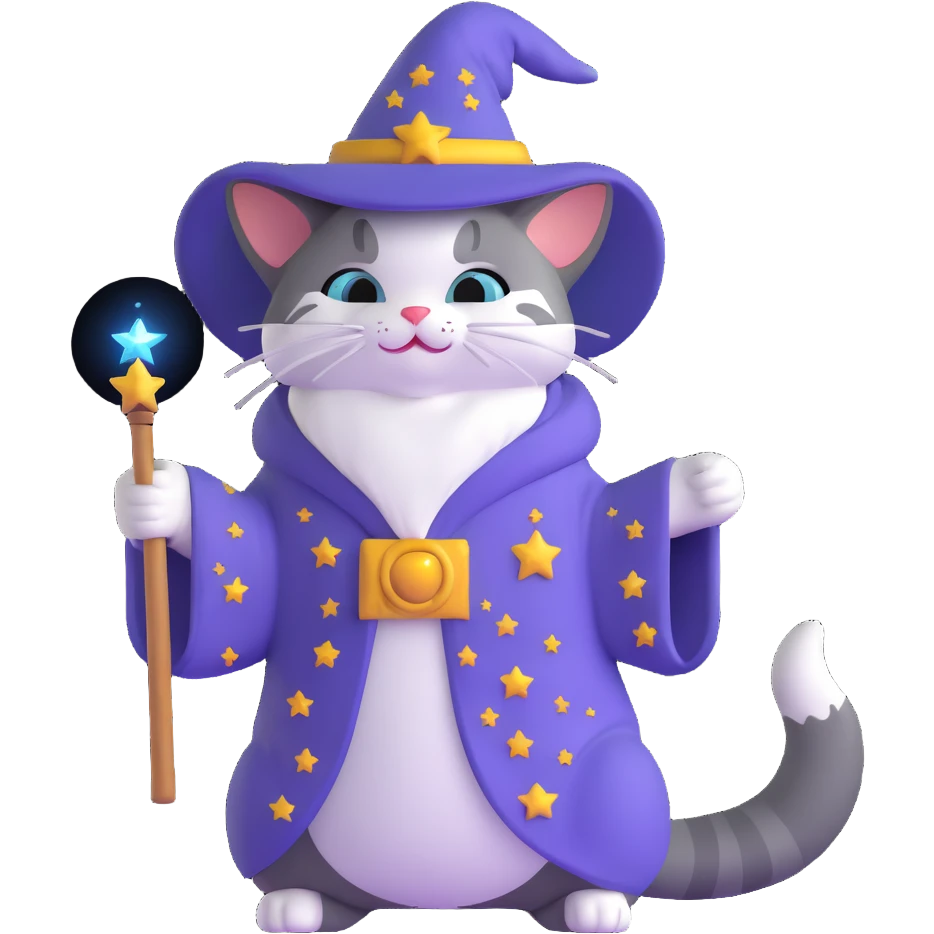 wizard cat with a starry robe and hat emoji