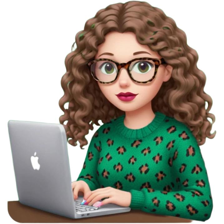 a european white young woman with long wavy/curly brown hair typing in a computer, she's using dark brown leopard glasses and knit green sweate, her lips are light red and her cheeks slightly pink emoji