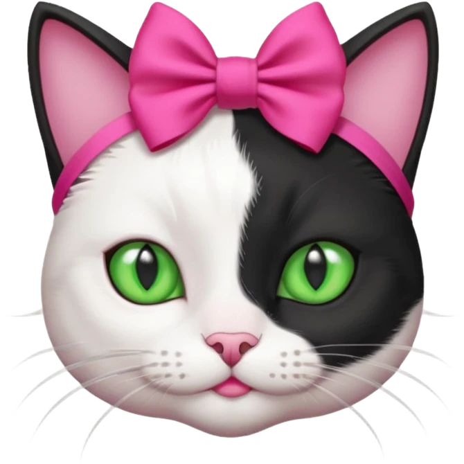 A black and white cat head with green eyes she has a hot pink bow on her head  emoji