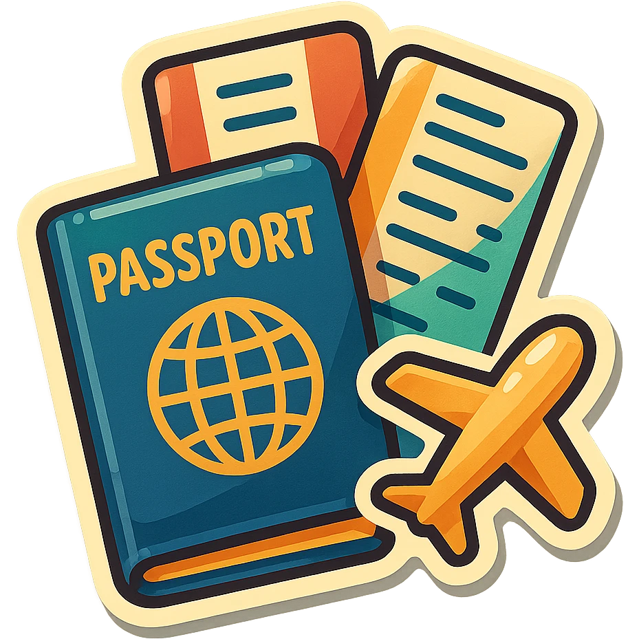 retro sticker-style image of a passport with two tickets and a small airplane icon next to them, bold outlines, juicy colors, expressive shadows and highlights emoji