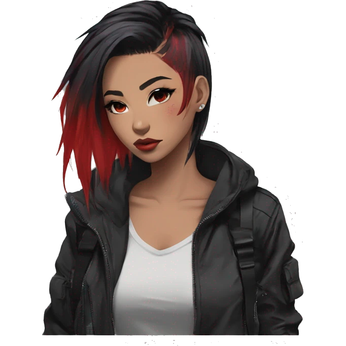 Gorgeous techwear anime style lady with blushing face aesthetic and pretty edgy black red punk hair with hair garment trending style emoji