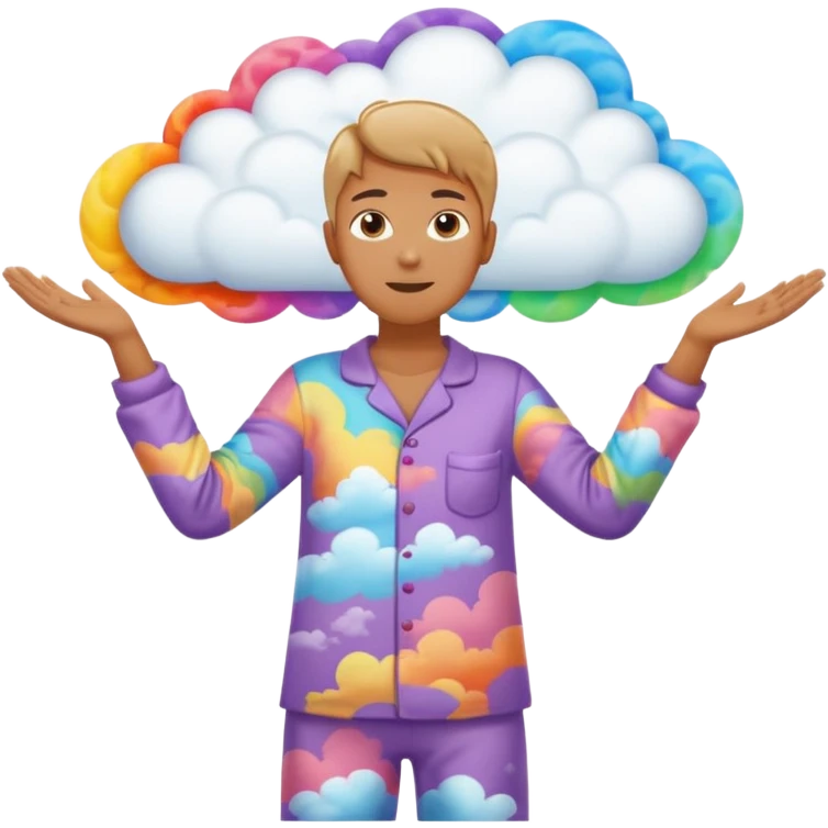 person in pajamas with arms spread apart, multicolored swirling cloud between their hands emoji