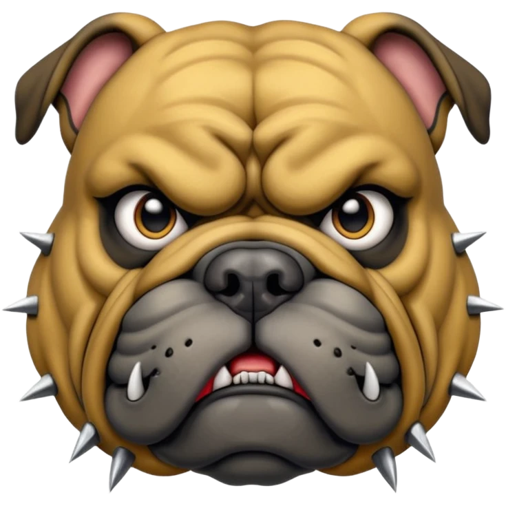 Create a fierce bulldog head emoji facing forward.
Strong jaw, deep wrinkles, and an intense scowl.
slight underbite with two visible fangs.
Blk & Gold gray fur with bold highlights and shading for depth.
Add a thick spiked collar (red or black) with shiny metallic spikes.
 emoji