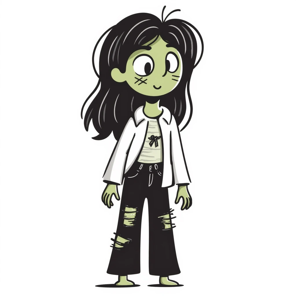 Girl zombie with messy long brown hair, stitches on face, pale green skin, and torn clothes emoji