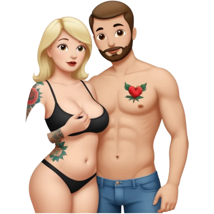A naked white curvy woman with tattoos who is slim and is giving a blowjob or having sexual activities with a man’s penis she is naked both are naked and she is giving him a blow job and she us fully naked she is sucking the long penis emoji