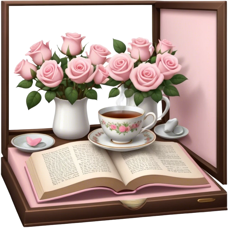 A cozy reading nook with an open book, a steaming cup of tea, and a bouquet of pale pink roses. emoji