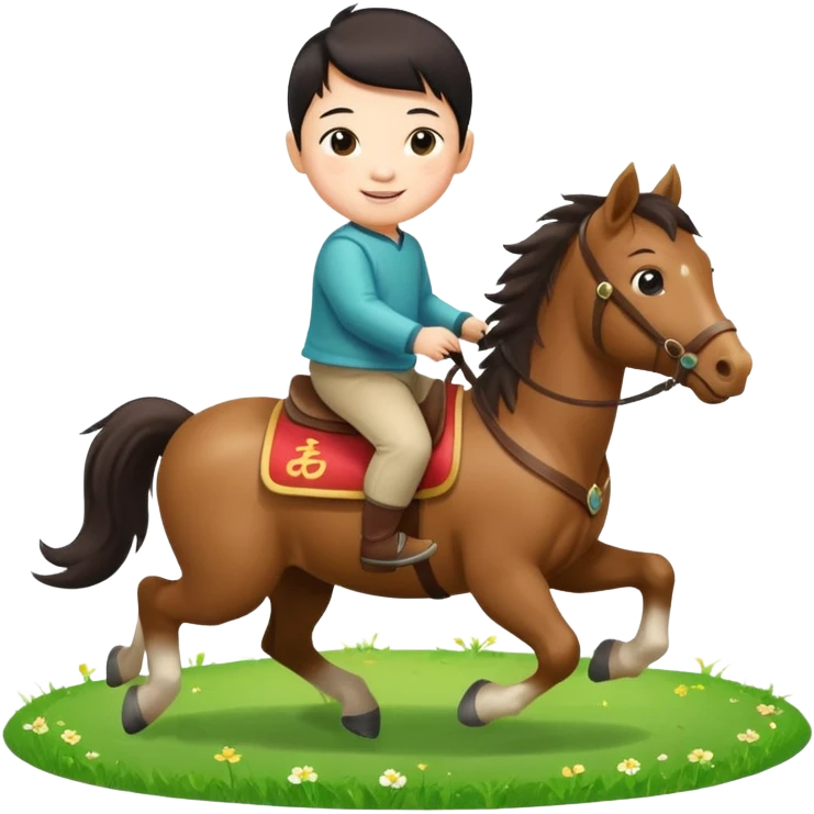 l little chinese baby riding on a  cute horse running on the grass with 2026 year label emoji