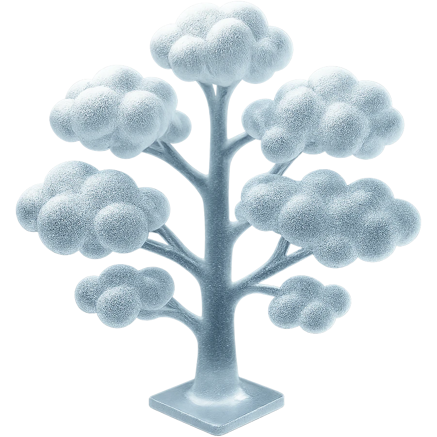 one tree with many branches, each branch made of small very bright white fluffy convex clouds, matte glass style emoji