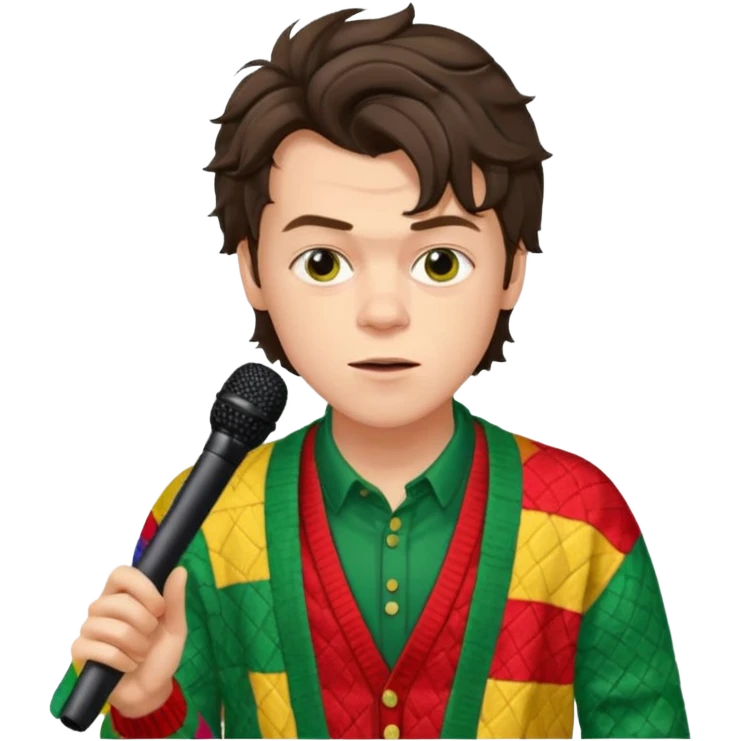 harry styles with a mic, he is wearing a patchwork colorful (red, yellow,green) cardigan emoji