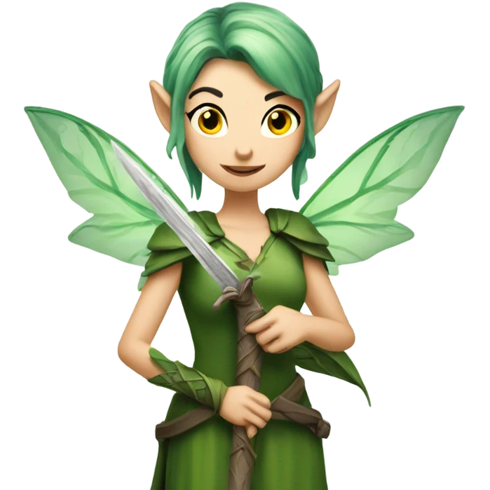 Female, forest fairy, fairy wings, pointed elf ears, short green hair, vines, holding medieval sword emoji