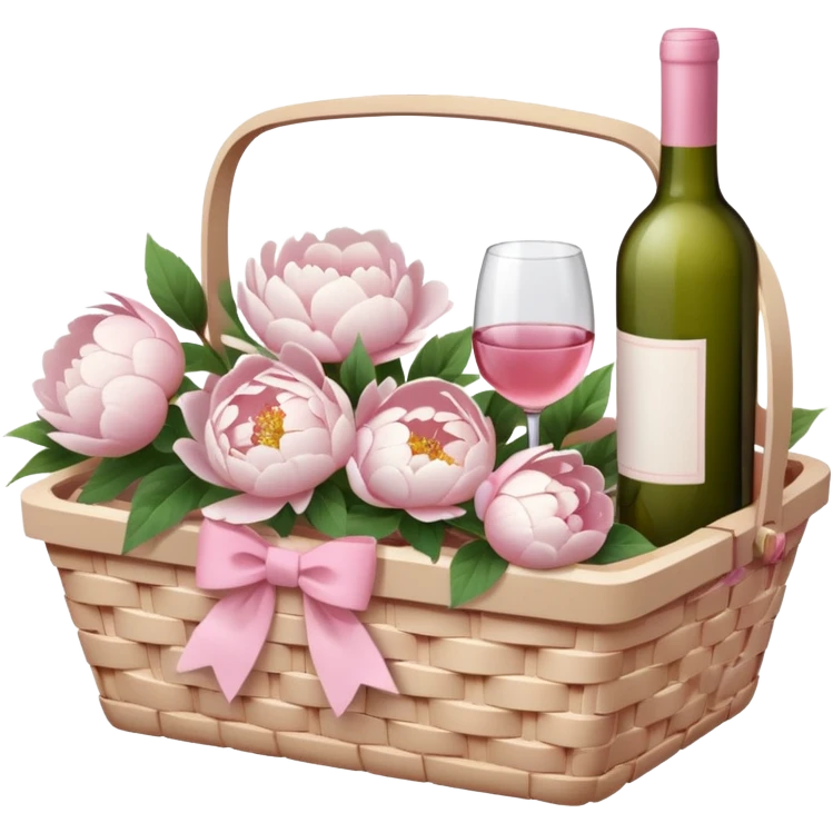 White Picnic basket with light pink bow and white peonies and a pink wine bottle inside emoji