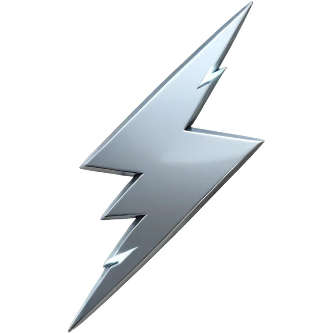 A lightning bolt emoji made of polished silver chrome, sharp yet rounded edges, glossy metallic surface, soft reflections, minimal futuristic design, iOS emoji style, centered, clean white background emoji