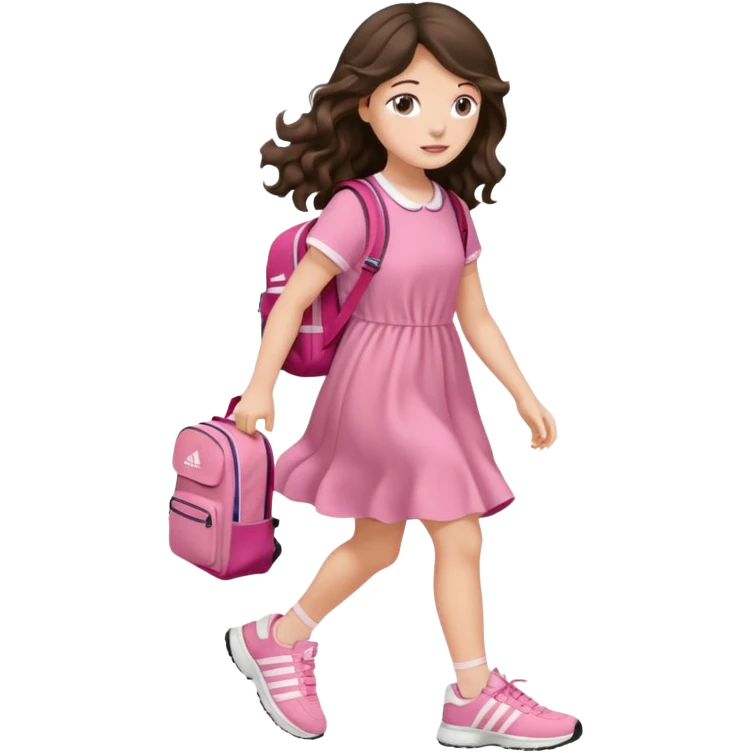 aestethic brunette very long wavy hair walking with a school backpack, with a cute pink dress, adidas shoes emoji