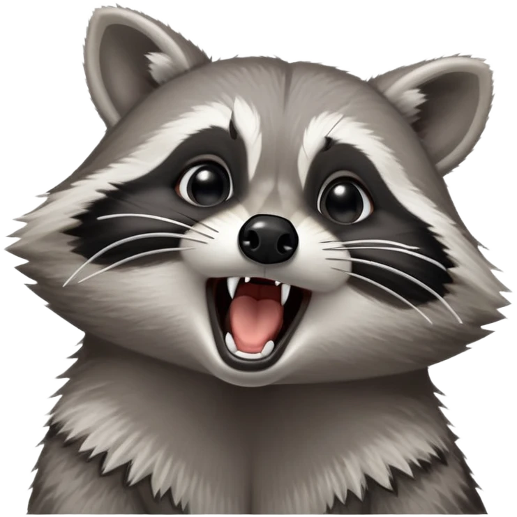 Cinematic-cute realistic- Yawning Raccoon-Portrait-Emoji – Poised and confident, wide-open yawn, revealing a soft grey with a sturdy build and a beautifully textured fur of silver-grey accented by dark black facial markings, deep-set, big black eyes, simplified yet sharp and sophisticated zoom out to show shoulders emoji