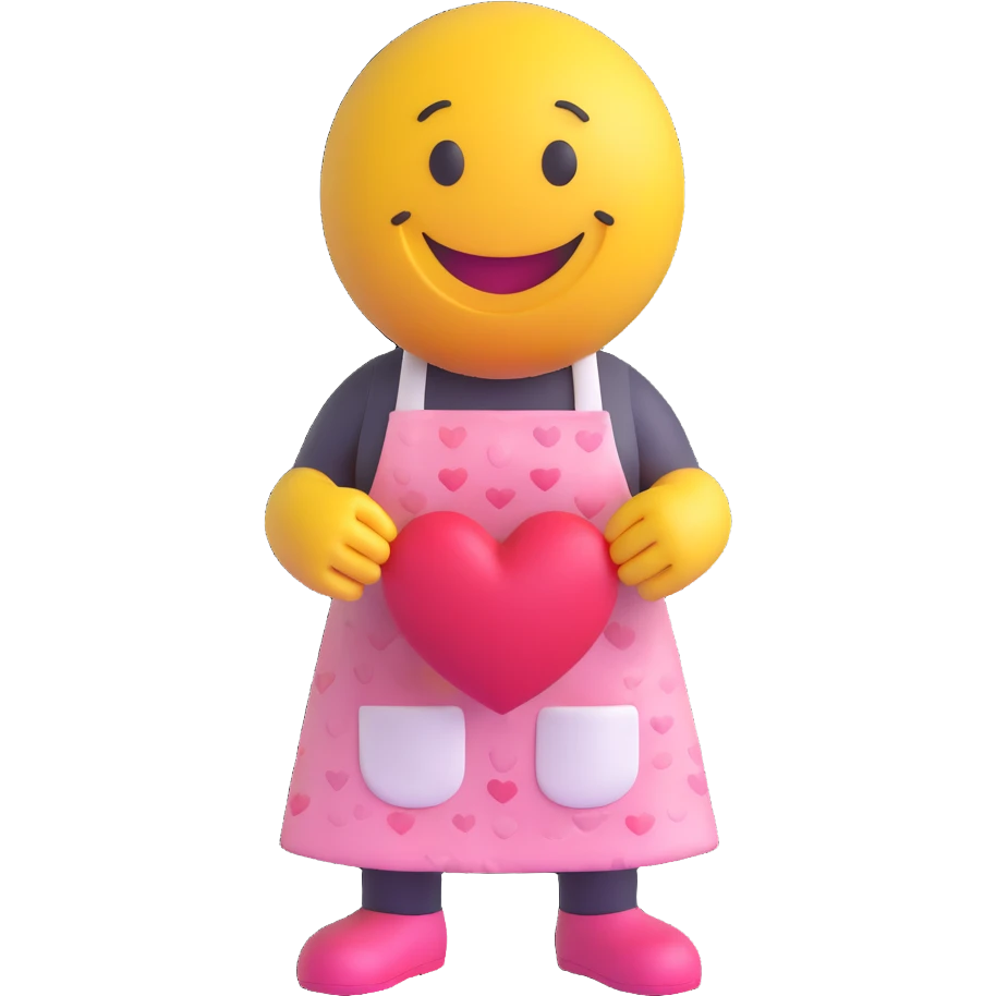 3D smiley emoji, round shape, grandmother wearing a heart-patterned apron, pink color, smiling face emoji