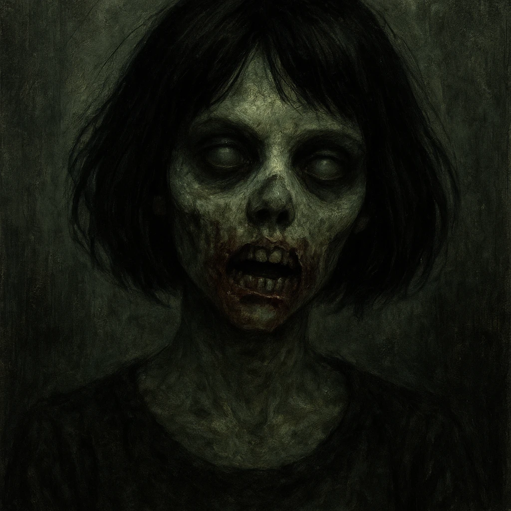 girl zombie with black short hair, spooky, textured, subtle greenish skin emoji