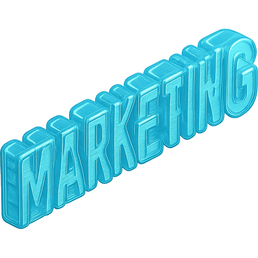 The word "MARKETING", cyan blue emoji