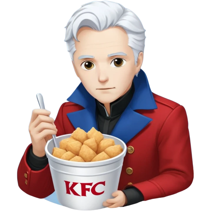 Dante and Vergil from Devil May Cry sitting together in a KFC family bucket, Dante in red coat, Vergil in blue coat, both with white hair emoji