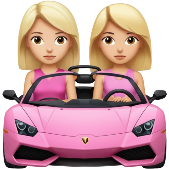 Make car far away so I can see full car Car facing forward in sports car. Make hair long  One girl is blonde, one girl is black hair . Front of car sitting in the seats. Make it a pink sports car. They are two baddies make it a Lamborghini pink car  emoji