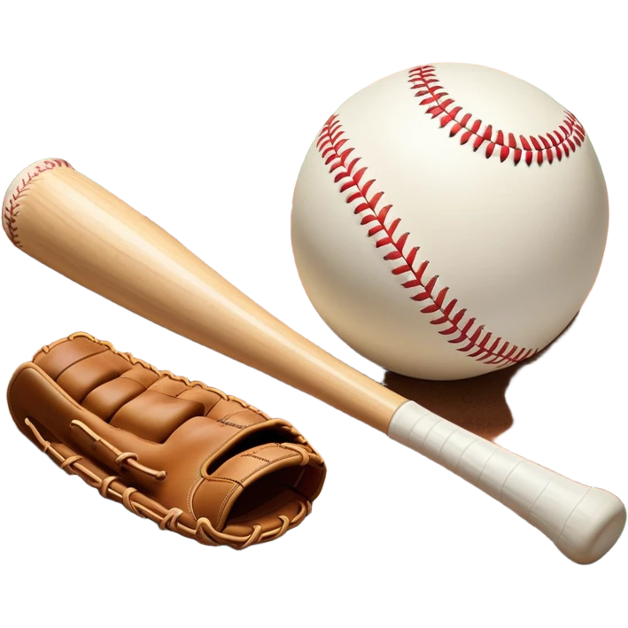 A baseball bat, ball, and glove resting on the ground, set against the backdrop of a baseball field. The scene captures the iconic equipment of the sport, with the field in the distance and a bright sky above, evoking the spirit of the game. emoji