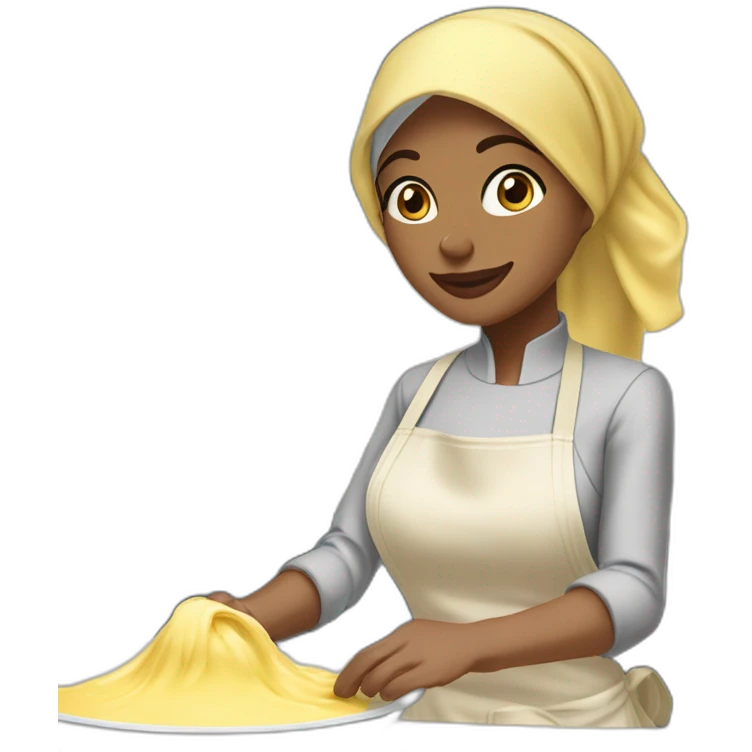 A light skin coloured hijabi wearing an apron while mixing cake batter standing behind a messy kitchen counter with ingredients  emoji