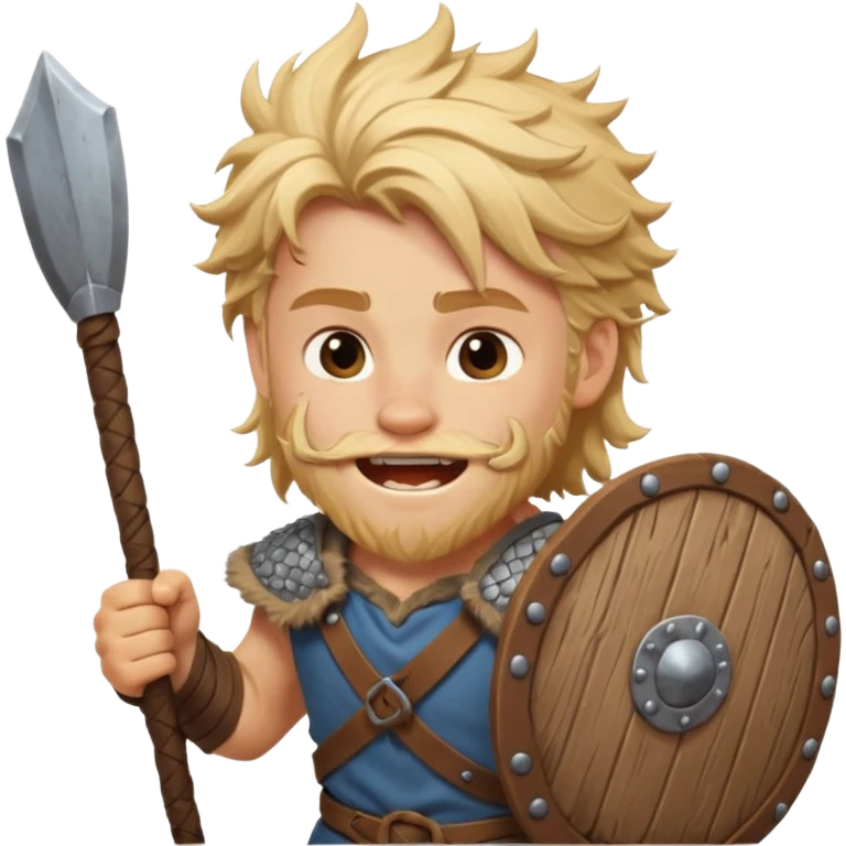 A young Viking warrior with messy blond hair, wooden shield, and fierce excited grin.
 emoji