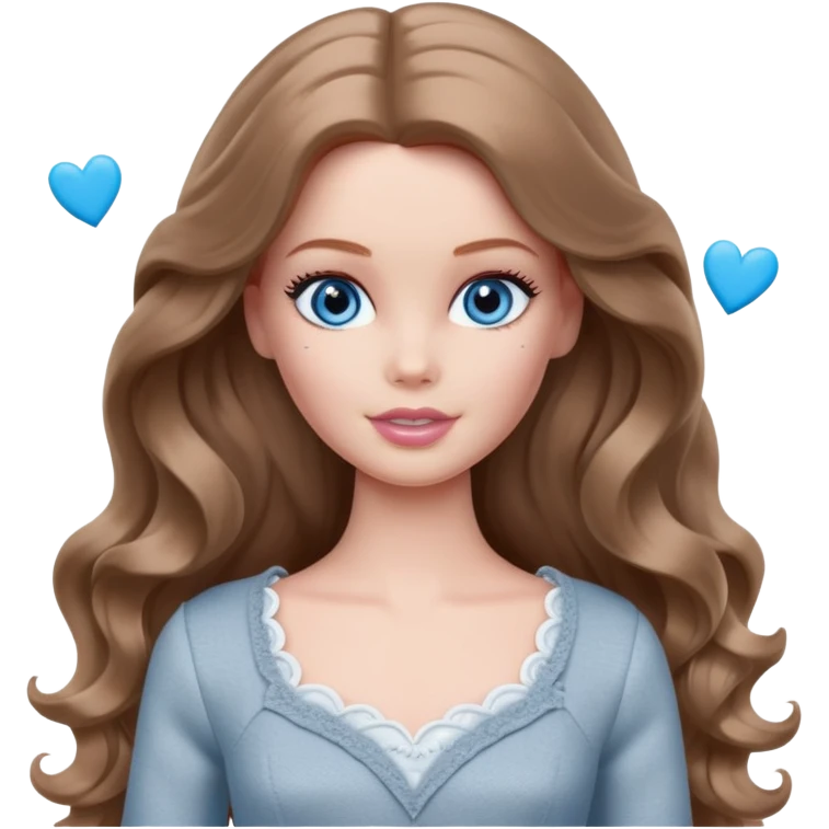 There are grey hearts all around Barbie girl Chestnut long wavy hair and blue eyes is In pale grey clothes emoji