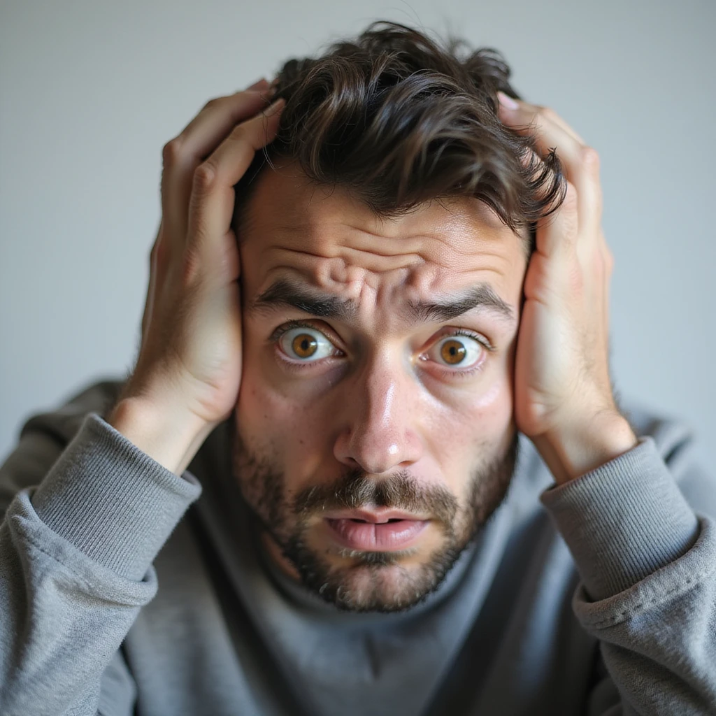 realistic 30-year-old man suffering from severe anxiety, very tense and worried expression, wide-open eyes, hands in hair, contracted posture, neutral background emoji
