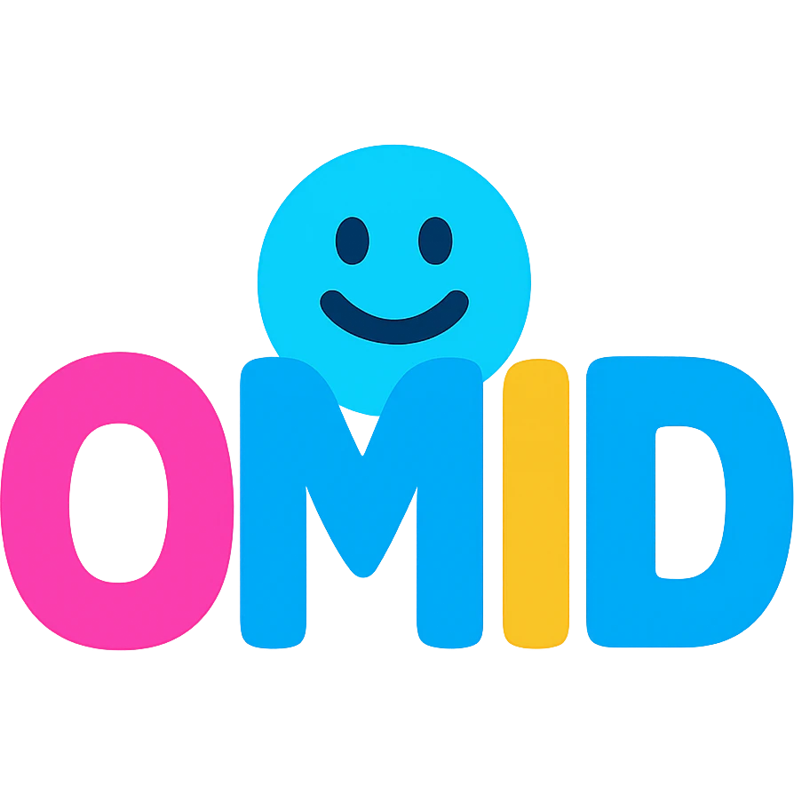 Change the text to all uppercase: 'OMID'. Keep the playful icon style with rounded shapes, friendly and colorful, suitable for branding, with no background. emoji