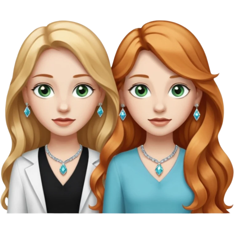 two girls top halfs, one with long wavy strawberry blonde hair and greenish blue eyes, white diamond earrings and wearing white, the other with straight black long hair, brown eyes, silver earrings and wearing black emoji