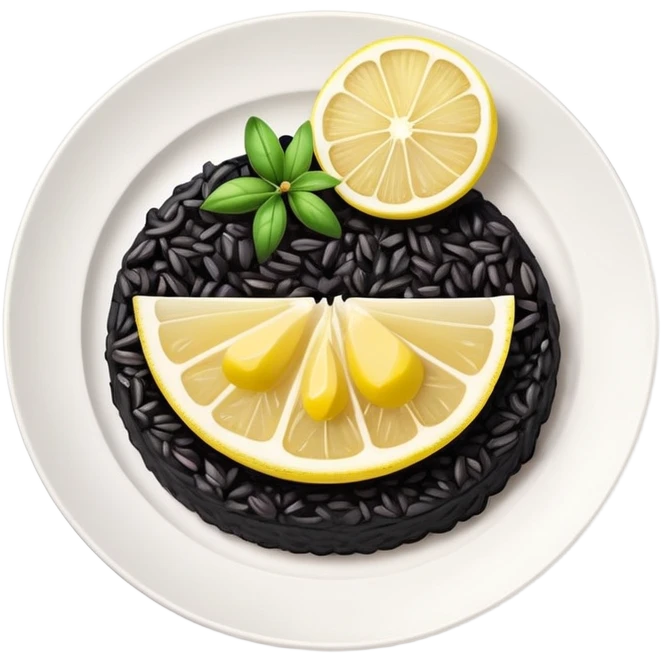 cinematic-realistic-black-risotto-dish,-showcasing-dramatic-lighting in a white plate with a single slice of grilled lemon on top emoji