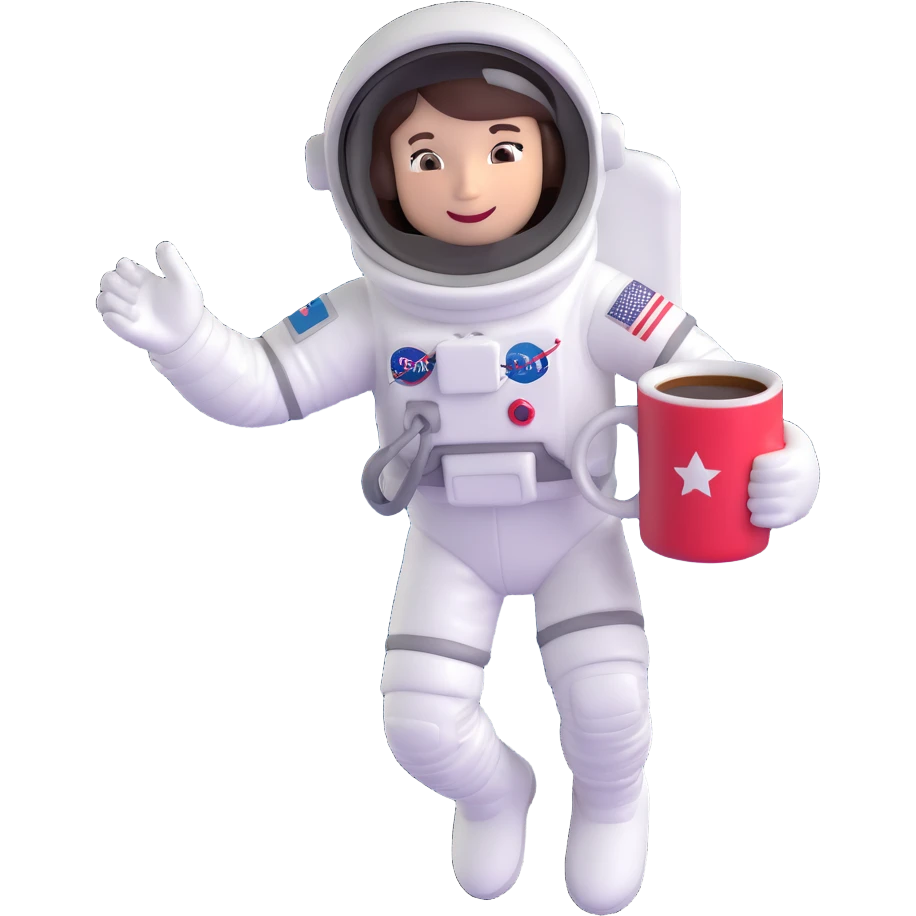whimsical astronaut floating in space with a coffee mug emoji